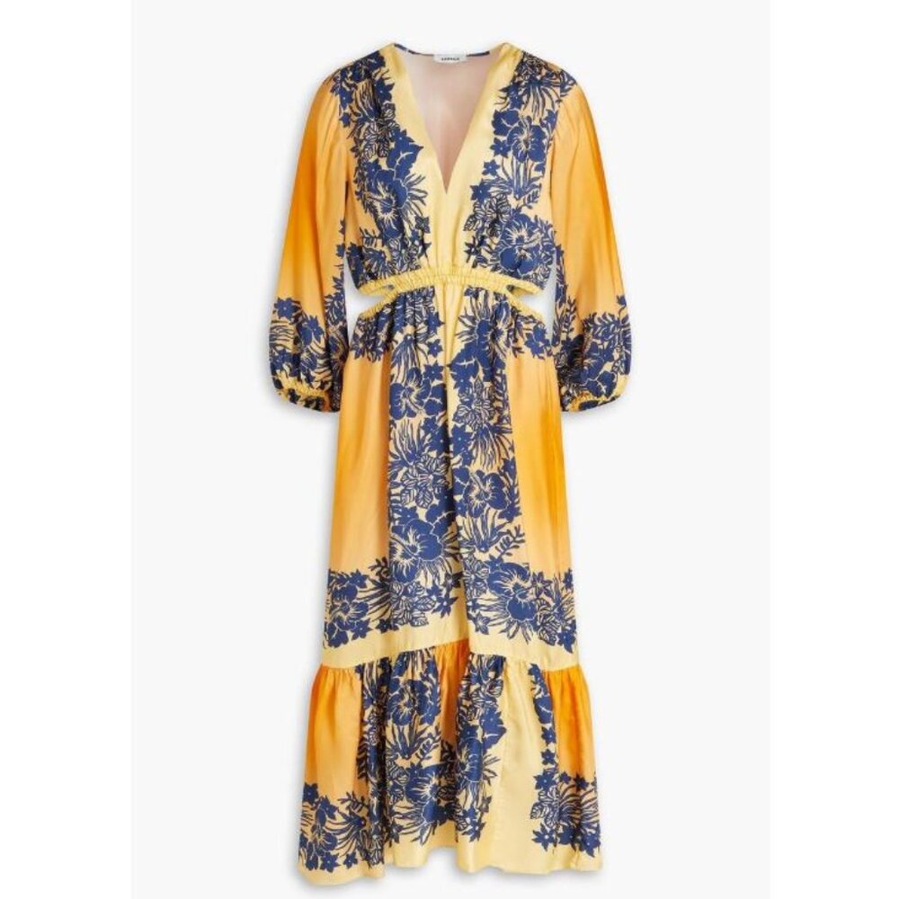 Sandro Willow Yellow Blue Cutout Floral Print Twill Midi Dress Sz 40 (8)